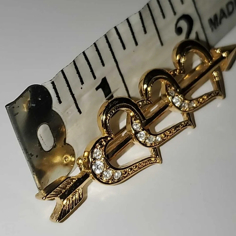 1980s Vintage Avon Gold-toned Triple Rhinestone Hearts Pin Brooch